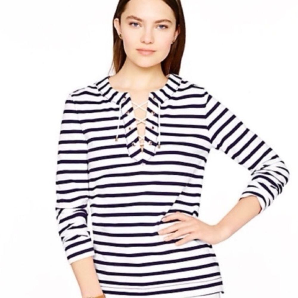Kate Spade Women’s Nautical Lace Up Knit Top Navy Striped Shirt Size Large GUC